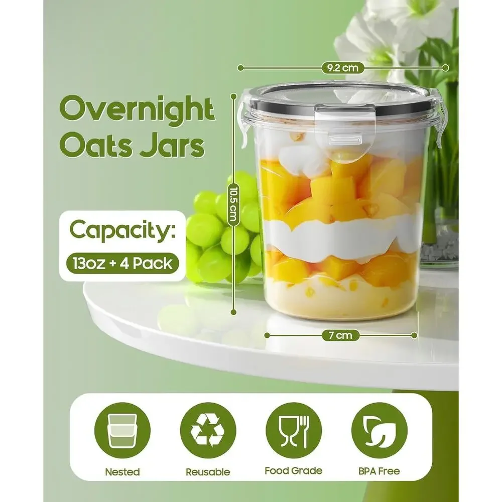 Canfanni Overnight Oats Containers with Lids 4 Pack Plastic Mason Jars Portable